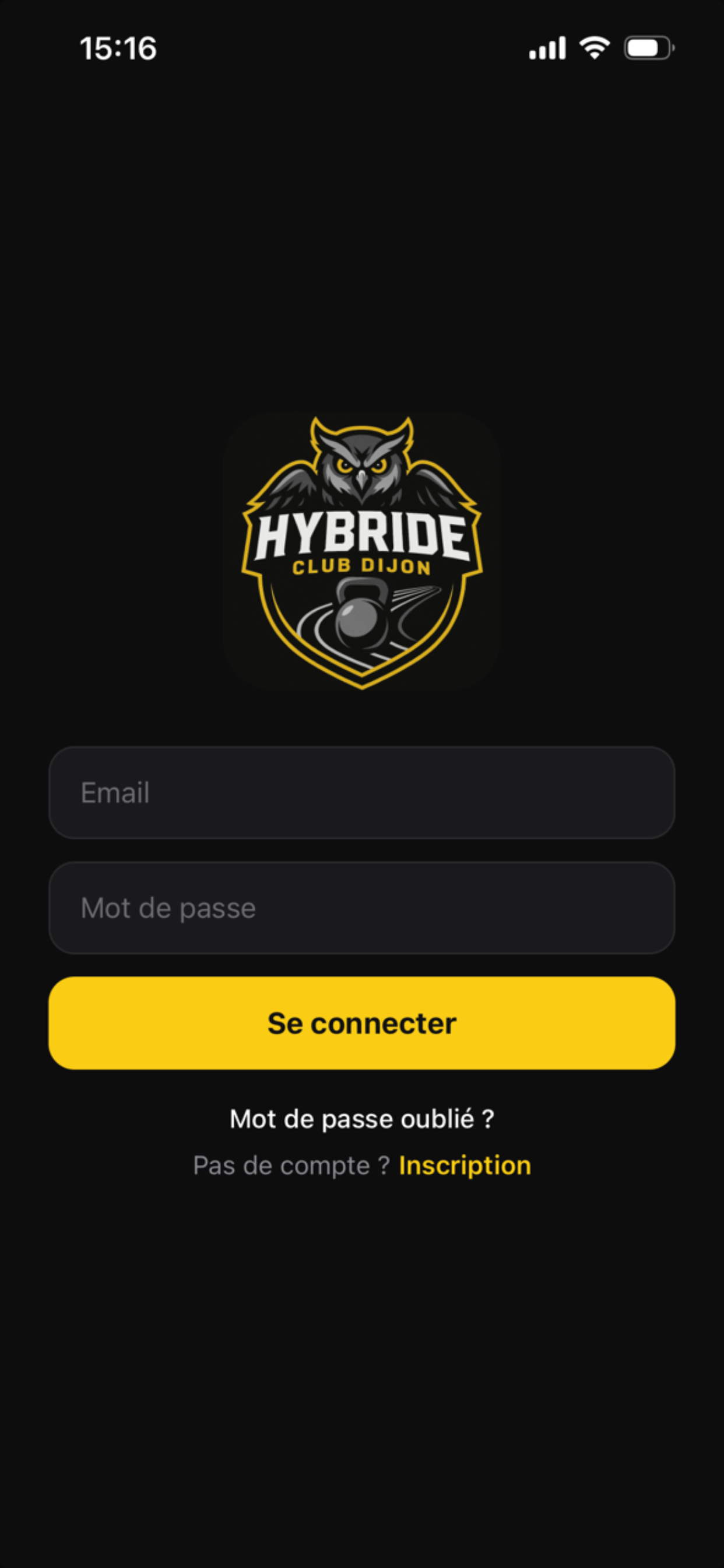 Écran de connexion à l’application Hybride Club Dijon.