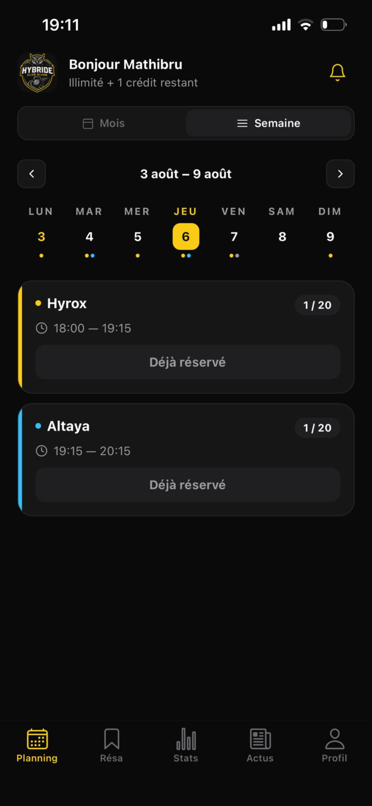 Planning hebdomadaire de Hybride Club Dijon avec les séances Hyrox et Altaya et leur statut de réservation.